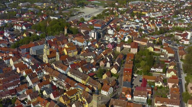 Aerial view beside the old town of the city Crailsheim in Germany on a sunny day in spring.