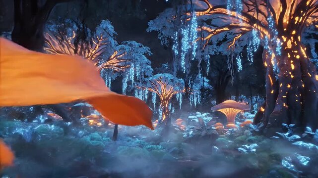Glowing Alien Forest - A stunning video of a bioluminescent alien forest with glowing orange and blue flora and trees.