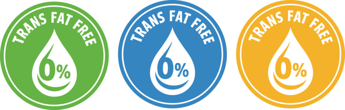 Set of three colorful circular labels for trans fat free food products featuring a 0 percent oil drop icon.Set of three colorful circular labels for trans fat free food 