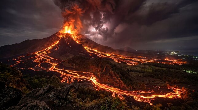 Spectacular eruption of Mount Sinabung with cascading lava flows at night, including lightning in the ash plume