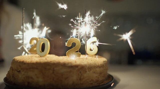 A festive cake for the New Year 2026. Golden number candles and bright sparklers are lit on top of a delicious dessert, creating a celebratory and joyful atmosphere for a holiday party