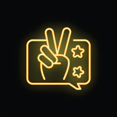 Obraz premium Neon sign showing a hand making the victory gesture inside a speech bubble with stars