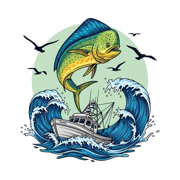 Mahi mahi jumping out of water with fishing boat on big ocean waves and sunset background