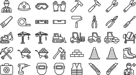 Fototapeta premium Construction Tools and Safety Equipment Icon Set Featuring Workers, Machinery, Building Tools, and Protective Gear for Websites and Apps