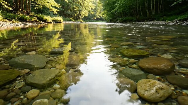 Reflective River Through Forest - A clear river flows gently through a dense green forest, with the trees reflecting in the water's surface. Rocks and pebbles are visible under the shallow water.