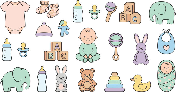 Cute Baby Essentials Vector Set Featuring Toys, Bottles, Pacifiers, Clothes, and Nursery Items for Infant Care, Parenting, and Child Development Designs