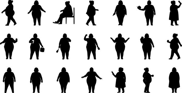 Vector silhouette of obese middle age women clipart on a white background
