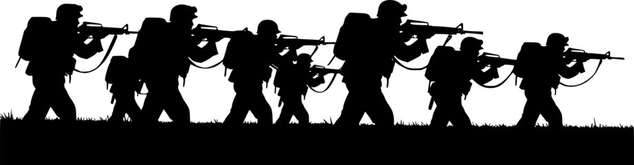 Obraz premium Soldiers troop with rifle gun in war silhouette vector, illustration for your background design, military man in the battle. 