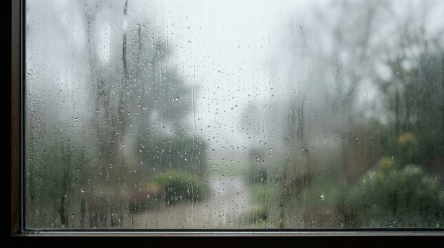 Soft Rain on Window with Blurred Foggy Rural Scene