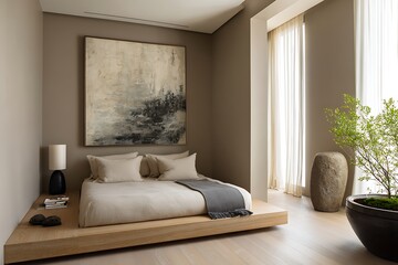 Obraz premium Contemporary neutral bedroom, taupe walls, light wood flooring, sleek low bed frame, minimalistic design, small green plant in corner, large abstract art piece as focal point