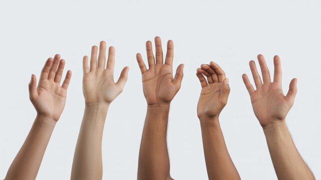 Diverse hands raised up in unity on gray background