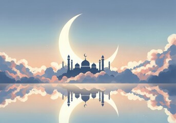 Obraz premium Mosque silhouette with crescent moon and tranquil reflection