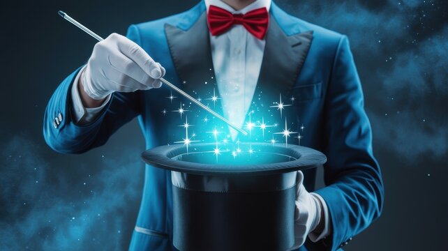Magician in blue suit performing magic trick with glowing light effects and top hat