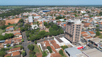 Fototapeta premium Aerial drone view of Bady Bassitt city in Sao Paulo state, Brazil. Residential neighborhoods, urban development and expansion of a small Brazilian town in the countryside
