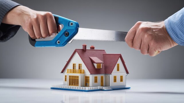 divorce, couple fighting over house, hands with saw