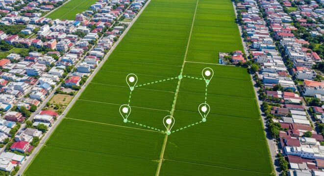 Land parcel with digital map pins surrounded by houses aerial view