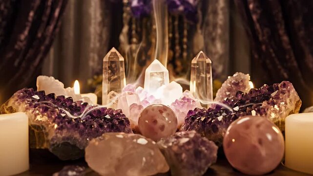 Crystal Healing Arrangement with Candles - A crystal healing arrangement features various formations of amethyst, quartz, and rose quartz crystals, along with glowing candles.