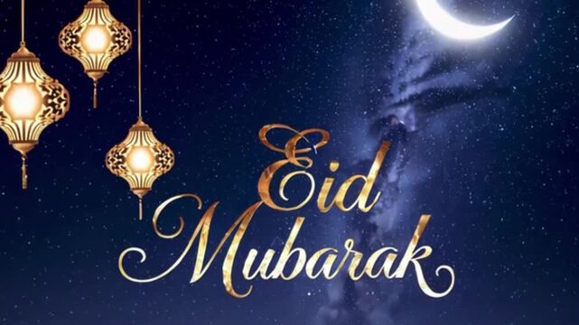 Eid Mubarak Text Animation With Golden Sparkling Greeting Lanterns Crescent Moon Night Sky Stars