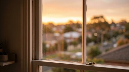 Fototapeta premium Soft Sunset Light on Window Glass with Blurred Residential Suburbs
