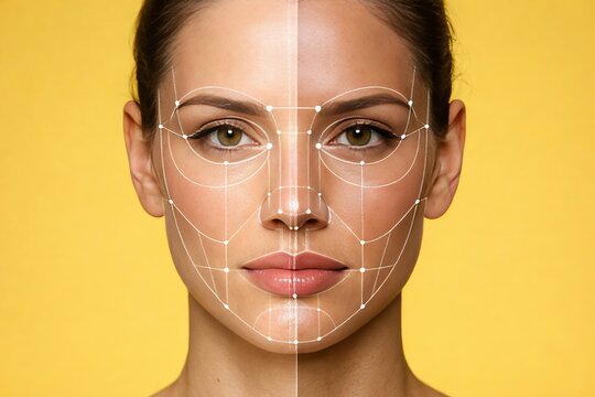 Biometric Face Visualization. Advanced Biometric Portrait Emphasizing Symmetry And Analysis. Futuristic Facial Imaging Highlighting Key Biometric Landmarks And Measurements