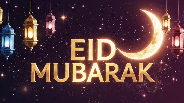 Eid Mubarak Text Animation With Golden Sparkling Greeting Lanterns Crescent Moon Night Sky Stars