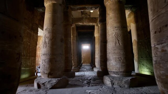 Ancient hall of the Abydos Temple with towering columns and intricate hieroglyphs, showcasing the spiritual depth and architectural mastery of Ancient Egypt.