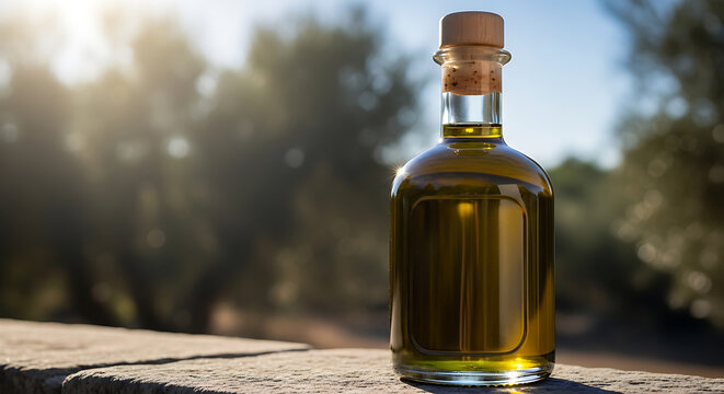 Olive oil bottle on a stone surface mockup, blank spaces for text