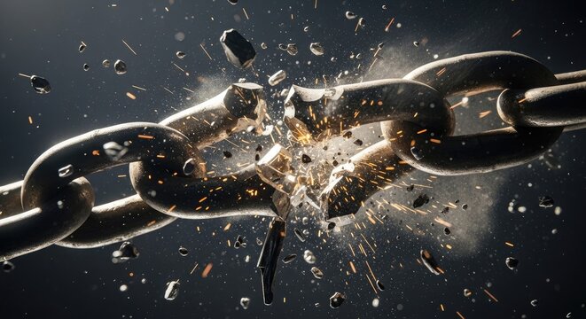 A broken chain with sparks flying symbolizing freedom and liberation from bondage and oppression with a dark background