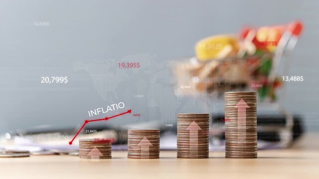 Inflation concept, coin stack with a rising red graph representing interest rate hikes, Fed policy, global economic challenges, and US dollar inflation