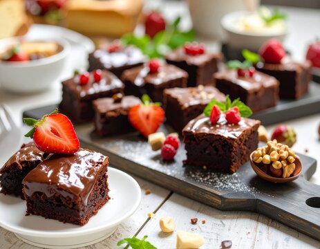 Assorted chocolate brownies with fresh strawberries