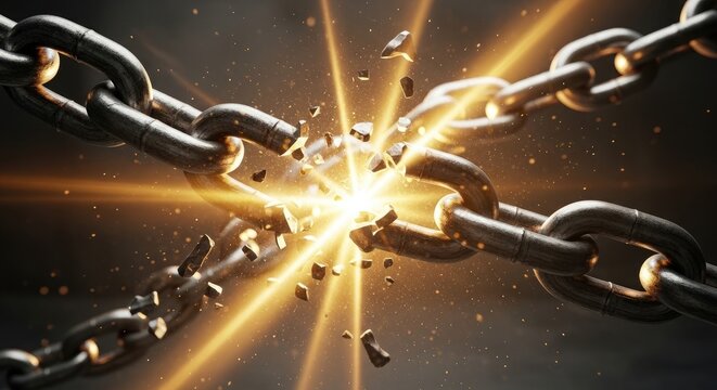 A chain breaking apart with a bright light and sparks flying everywhere in a dramatic display of power and freedom