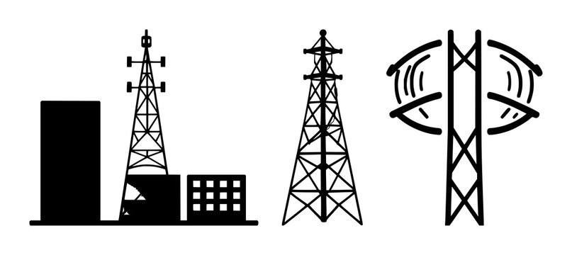 Solid black icon, white background: edge computing signal tower set with simple line art design featuring outline, illustration, graphic elements with clean design and vector art