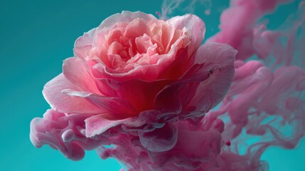 Obraz premium Delicate Pink Flower in Vibrant Swirl of Colorful Ink, Blending Nature and Artistry, Captivating Visual of Floral Elegance and Fluid Motion