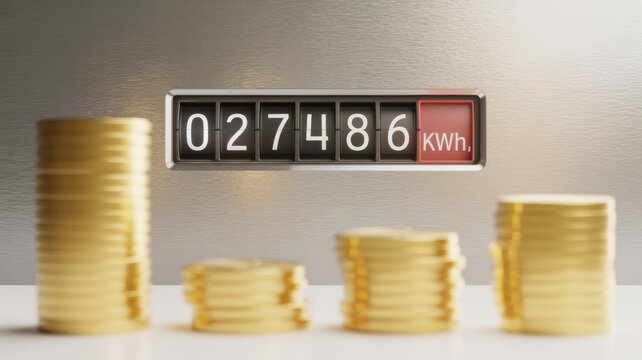 stacks of gold coins with kilowatt hour meter reading