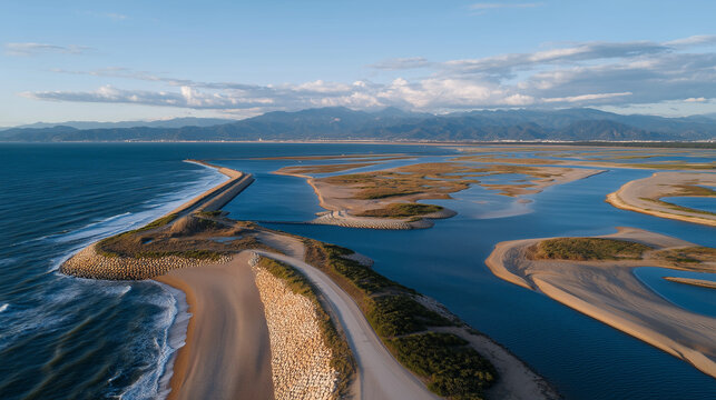 Wide aerial perspective captures coastal estuary where experimental tidal barrage structure harnesses twice daily ocean tides for predictable renewable electricity generation while maintaining fish 
