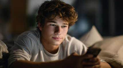 Obraz premium Teenager's face illuminated by phone screen in darkened bedroom at 3am, notification icons reflected in tired eyes showing late-night scrolling addiction, ideal for digital health concerns, youth sc