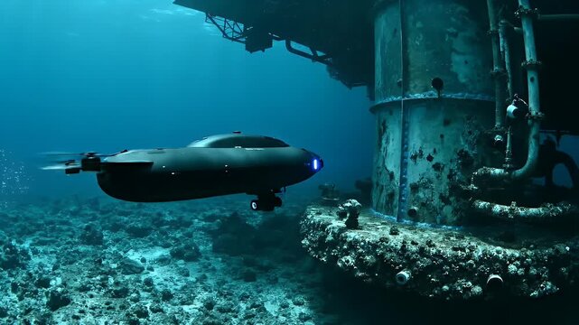 Underwater Drone Patrols Near Structure - A dynamic medium shot shows an underwater drone performing stealthy patrols in clear blue water, near a large metal structure encrusted with marine growth.