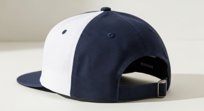 Stylish navy and white snapback baseball cap displayed on a flat surface