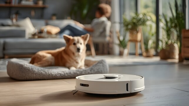 Robot vacuum in a warm neutral living room with dog resting nearby