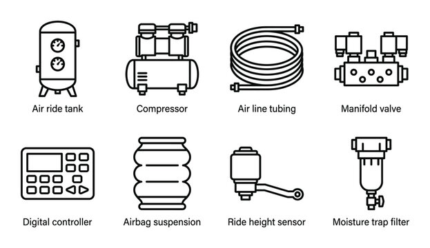 Air ride suspension system parts outline vector icons with labels