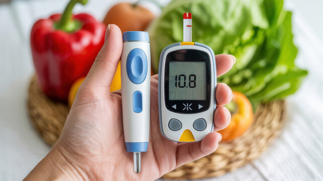 hand holding glucometer and lancet with vegetables on table