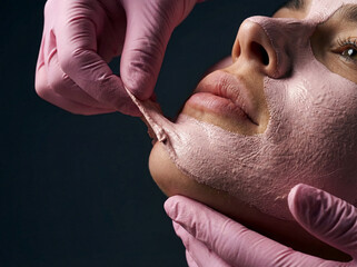 Naklejka premium Close-up of a cosmetologist's hands in pink gloves peeling off a pink facial mask from a woman's face