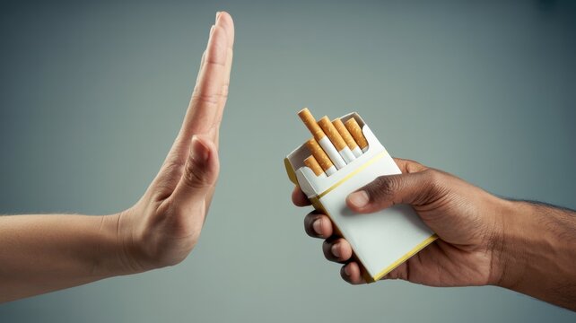 person refusing cigarettes with hand gesture