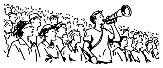Obraz premium Fans cheering with a megaphone in a crowded stadium minimalist sketch style