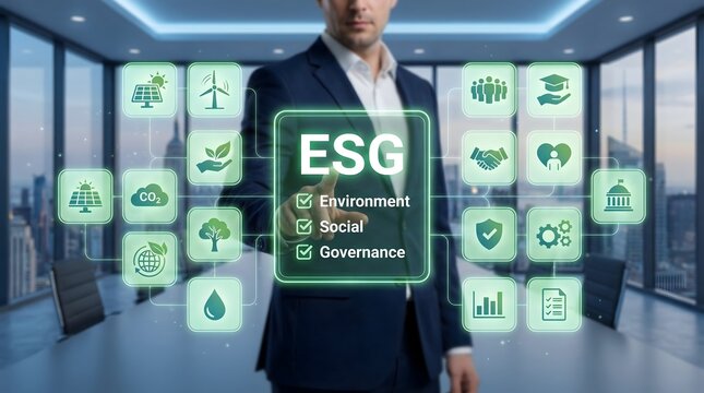 Professional Leader Interacting with ESG Sustainability Dashboard Interface