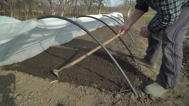 Individual in plaid shirt adjusts garden cover using a long-handled tool, preparing soil for planting in a rural outdoor setting with arched supports