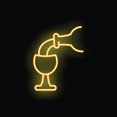 Naklejka premium Bright yellow neon sign showing a bottle pouring wine into a glass, on a black background