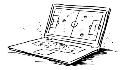 Laptop computer displaying soccer field tactics and strategy hand drawn doodle style © Celestynka