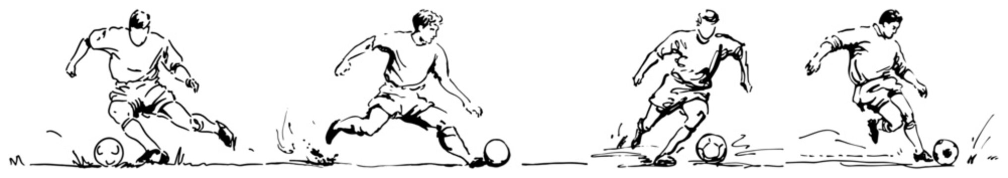 Soccer players running and dribbling ball in horizontal sequence hand drawn sketch
