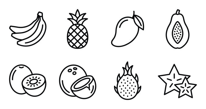 Assortment of eight tropical fruit line art icons with transparent background. Healthy food for design
